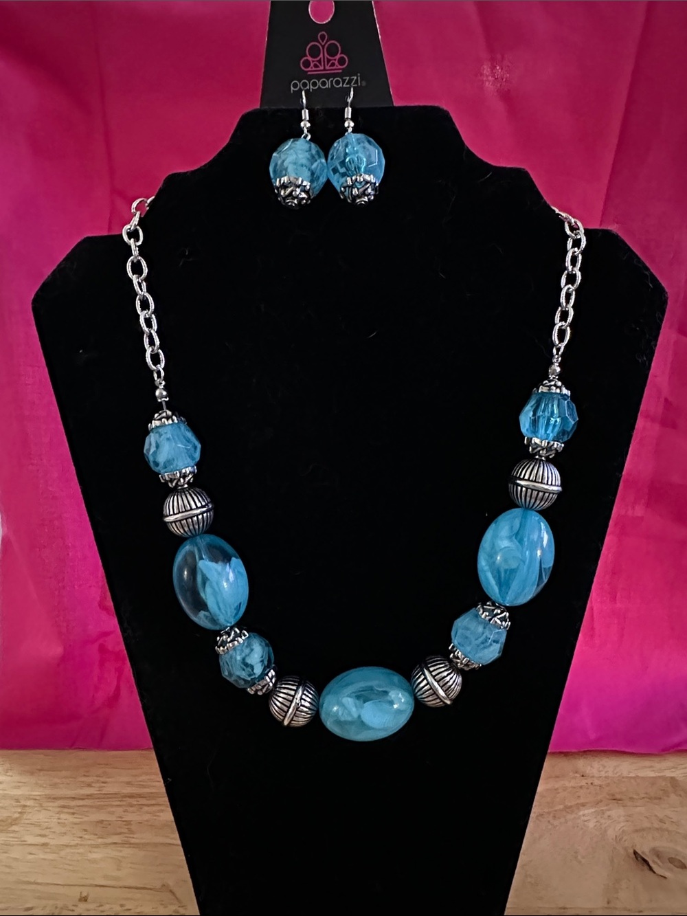 paparazzi Blue Marbled Bead Necklace & Earrings Set